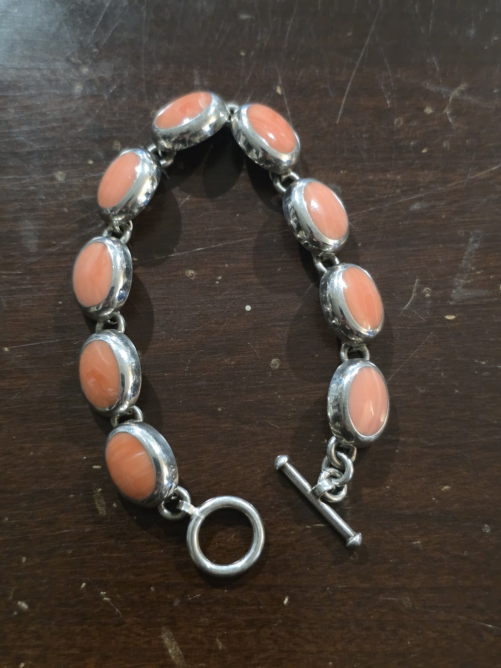 Vintage Heavy Sterling Silver .925 Pink Coral Oval Link Bracelet